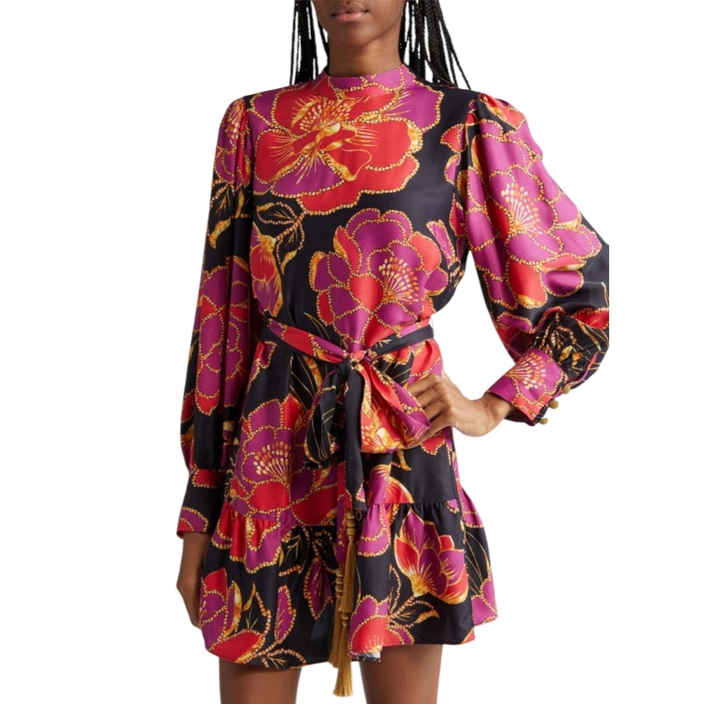 FARM Rio Shiny Chita Floral Long Sleeve Mini‎ Dress NWT